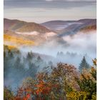 Kalenderseite mit Herbstlandschaft. Unten: "38 SEPTEMBER", Wochentage und Daten 20-26. Nebelbedecktes Tal mit buntem Wald.