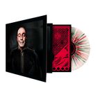 Ein Porträt eines Mannes lächelnd mit geschlossenen Augen. Daneben Vinyl mit rot-grünem Spiralmuster und ein rotes Design.