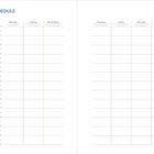 Text: "TIME SCHEDULE" und die Wochentage Montag bis Sonntag in mehreren Sprachen. Darstellung eines Wochenplans.