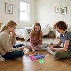 Drei junge Personen sitzen im Kreis auf dem Boden und spielen ein Kartenspiel in einem hellen, gemütlichen Raum.