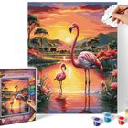 "Malen nach Zahlen" steht links auf der Verpackung. Illustration eines Sonnenuntergangs mit Flamingos im Wasser.