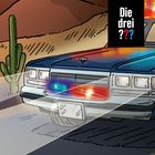 Text: "Die drei ???" Polizeiauto mit blinkenden Lichtern, Kaktus und Wüstenhintergrund. Comic-Stil.