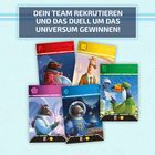 Text: "DEIN TEAM REKRUTIEREN UND DAS DUELL UM DAS UNIVERSUM GEWINNEN!" Illustration: Tiere in futuristischen Outfits.