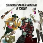 "Spannender Taktik-Nervenkitzel in Echtzeit"; Illustration: Zombies, bewaffnete Person auf Motorrad, Grafikstil lebendig.