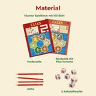 "Material", "1 bunter Spielblock mit 100 Blatt", "Vorderseite", "Rückseite mit Plus Variante", "Stifte", "6 Rohstoffwürfel".