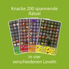 „Knacke 200 spannende Rätsel in vier verschiedenen Leveln.“ Vor grünem Hintergrund sind vier bunte Karten zu sehen.