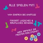 Texte: "ALLE SPIELEN MIT! VON EINFACH BIS KNIFFLIG! FÖRDERT LOGISCHES & RÄUMLICHES DENKEN! WER SAMMELT DIE MEISTEN EDELSTEINE?"  
Bunte Tetris-Formen umrahmen den Text.