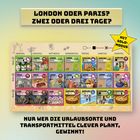 "LONDON ODER PARIS? ZWEI ODER DREI TAGE?" Wochenplan mit bunten Bildern und Symbolen. "NUR..." Planungsspiel.