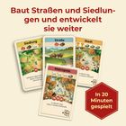 Text oben: "Baut Straßen und Siedlungen und entwickelt sie weiter." Unten: Karten mit "Siedlung", "Straße", "Stadt", "Metropole". Rechts: "In 20 Minuten gespielt".