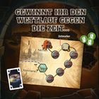 „GEWINNT IHR DEN WETTLAUF GEGEN DIE ZEIT…“ Auf einer Karte sind Aachen und Konstanz mit Symbolen gezeigt.