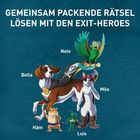 Text: "GEMEINSAM PACKENDE RÄTSEL LÖSEN MIT DEN EXIT-HEROES". Illustration von Tieren in Heldenkostümen mit Namen: Bella, Nele, Häm, Luis, Milo.