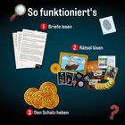 "So funktioniert's: 1 Briefe lesen, 2 Rätsel lösen, 3 Den Schatz heben. Illustration mit Münzen und Bildern.