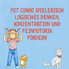 Text: "Mit Conni spielerisch logisches Denken, Konzentration und Feinmotorik fördern." Illustration: Kind, Teddy, Katze.