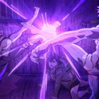 Illustration: Zwei muskulöse Figuren in einem Trittduell, lila Lichtschein, Frau duckt sich in der Mitte.