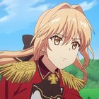 Illustration einer jungen Person mit blonden Haaren in roter Uniform vor grüner Hügellandschaft und blauem Himmel.