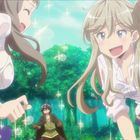 Zwei lachende Mädchen mit langen Haaren, ein Mann im Hintergrund, Umgebung von grünem Wald. Animation.