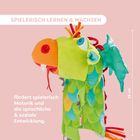Text: "SPIELERISCH LERNEN & WACHSEN", "fördert spielerisch Motorik und die sprachliche & soziale Entwicklung." Ein bunter Drachen.