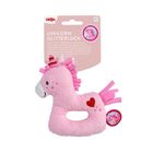Text: "Unicorn Glitterluck". Ein rosa Plüsch-Einhorn mit Herzmotiv und Etikett, designed als Greifling für Kinder.