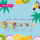 "SPIELABLAUF" steht oben in einem pinken Feld, darunter Schritte 1-4 mit Vogel-Illustrationen. Bunte Früchte und Palmen im Hintergrund.