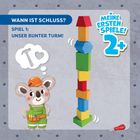 "Wann ist Schluss? Spiel 1: Unser bunter Turm! Meine ersten Spiele! 2+." Ein Koala in Bauarbeiterkleidung denkt an Hammer.