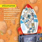 Text: "SPIELSITUATION - fördert den Teamgeist und räumliches Denken - atmosphärischer 3D-Aufbau - für kleine und große Weltraum-Fans". Illustration einer Rakete mit Weltraum-Motiven.