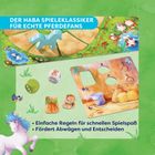 "Der HABA Spieleklassiker für echte Pferdefans. Einfache Regeln für schnellen Spielspaß. Fördert Abwägen und Entscheiden." Ein Spielbrett mit Spielfigur und Zubehör; unten links ein weißes Pferd.
