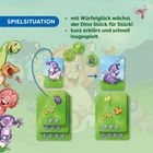 "SPIELSITUATION: mit Würfelglück wächst der Dino Stück für Stück! kurz erklärt und schnell losgespielt."  
Illustration mit Dinosauriern und Spielkarten.