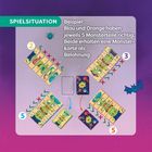 SPIELSITUATION. Beispiel: Blau und Orange haben jeweils 5 Monsterteile richtig. Farbige Monsterkarten und eine Spinne.