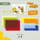 INHALT, Die Biene Maja, + kindgerechte Anleitung. Bunte Papiere, eine Biene-Maja-Illustration und eine Nadel.