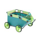 Ein grüner, vierrädriger Handwagen mit hellgrünen Rädern und Stoffwänden in Türkis und Hellgrün.