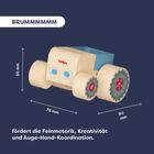 Text: "BRUMMMMMM, fördert die Feinmotorik, Kreativität und Auge-Hand-Koordination." Illustration eines Holzautos.