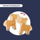 „BEIDSEITIG BEDRUCKT“. Illustrationen von zwei fröhlichen, hölzernen Pferdefiguren, Pfeil zeigt Drehung.