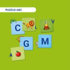 "PUZZLE ABC" oben links. Buchstaben C, L, V, G, M, A mit Bildern von Chamäleon, Löwe, Vulkan, Giraffe, Maus, Apfel.