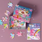 "3 Puzzles" steht auf einer bunten Verpackung mit Einhörnern, Regenbogen und Tierfreunden. Einzelteile und fertiges Puzzle liegen daneben.