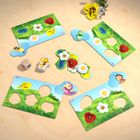 Puzzle-Spiel mit Blumenmotiven, Bienen und Würfeln. Bunte Blumen und Wiesen als zentrale Elemente der Spielkarten.