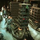 Menschen in einem Raum mit düsterer Atmosphäre, umgeben von großen Maschinen und Schläuchen.