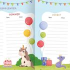 Geburtstagskalender mit vier Jahreszeiten: Frühling, Sommer, Herbst, Winter. Illustration mit Rittern, Ballons, Torte und Tieren.