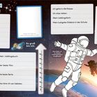 Formulare zum Ausfüllen über persönliche Informationen, Lieblingsdinge und Ferienpläne. Astronaut, Rakete im Hintergrund.