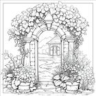 Eine detaillierte schwarz-weiße Illustration zeigt ein Ziegelbogenportal, überwuchert von Efeu, mit Blick auf ein Gartenhäuschen.