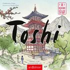 "Toshi", Illustration mit Tempel, Kirschblütenzweig und Bergen im Hintergrund. Mehrere Personen spazieren.