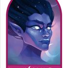 Text unten: "Liegen beide 🌙3 als deine Thronkarten aus, gewinnst du die Runde sofort mit 1 Punktestein." Illustration einer mystischen Figur mit dunklem Haar und spitzen Ohren, umgeben von Mondsymbolen.