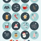Adventskalender mit nummerierten Kreisen. Motive: Weihnachtsmann, Geschenke, Schneeflocken, Tasse, Schlittschuhe.