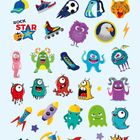 Die Texte sind "ROCK STAR" und "COOL". Verschiedene bunte Monster und Sportbilder auf hellem Hintergrund.