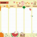 Ein Essensplaner mit Spalten: Gemüse, Obst, Getränk, Lieblingsessen, Süßigkeit, Brotaufstrich, Punkte. Illustrationen von Lebensmitteln.