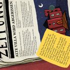 OBERSEITE: "ALTE VILLA WIRD ABGERISSEN." Ein gezeichnetes Haus im Nachtstil; gelbe Notiz mit handschriftlichem Text.