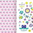 Verschiedene Illustrationen mit Texten wie "Nur noch ein Kapitel" und "Lesen ist mein Lieblingssport", umgeben von Büchern und Blumen.