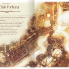 „Der Club Fortuna” beschreibt einen rätselhaften, eleganten Ort. Illustration eines warm erleuchteten Raumes mit Tischen.