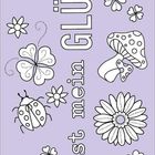 Text: "Leben ist mein Glücksplatz". Illustration mit Pilzen, Kleeblättern, Gänseblümchen und Marienkäfern auf lila Hintergrund.