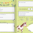 Links „Das bin ich!“ mit Feldern für persönliche Angaben. Rechts Einhorn, Felder für Hobbys, Lieblingsfarben und -essen. Bunte, verspielte Gestaltung.