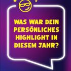 „WAS WAR DEIN PERSÖNLICHES HIGHLIGHT IN DIESEM JAHR?“ in gelber Schrift, mit Smiley und Sternen.
